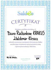 Krakus biuro rachunkowe certyfikat Saldeo